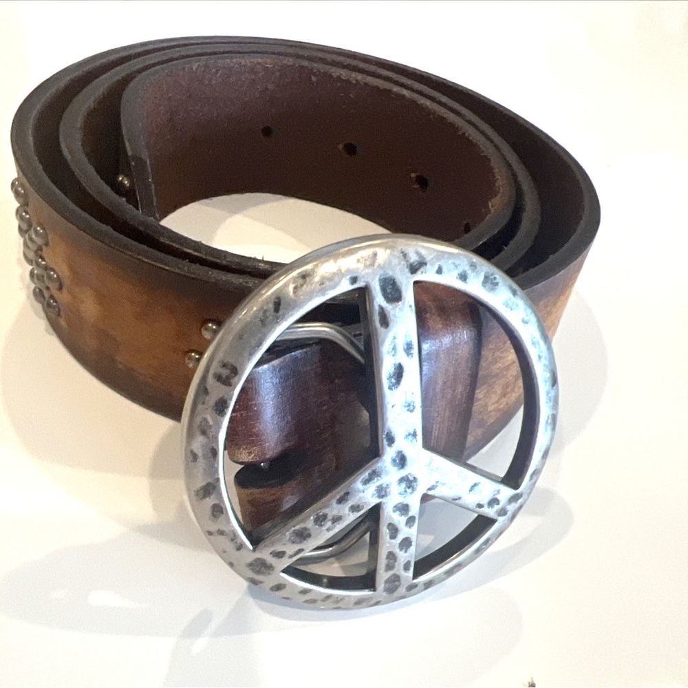 Vtg Brighton Studded Tooled Leather Peace Sign Belt Brown Boho 34 Large B21084